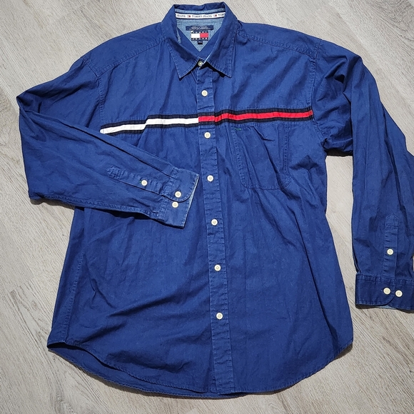 Vintage 90s Tommy Jeans Hilfiger Button Up Shirt Navy Blue Center Stripe Sz XL - Picture 2 of 9